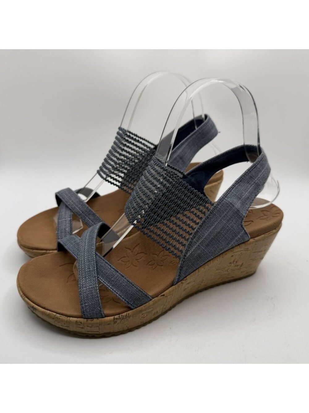 Skechers Beverlee High Tea Wedge Heel Women Size 7 Blue Denim Slingback Sandals